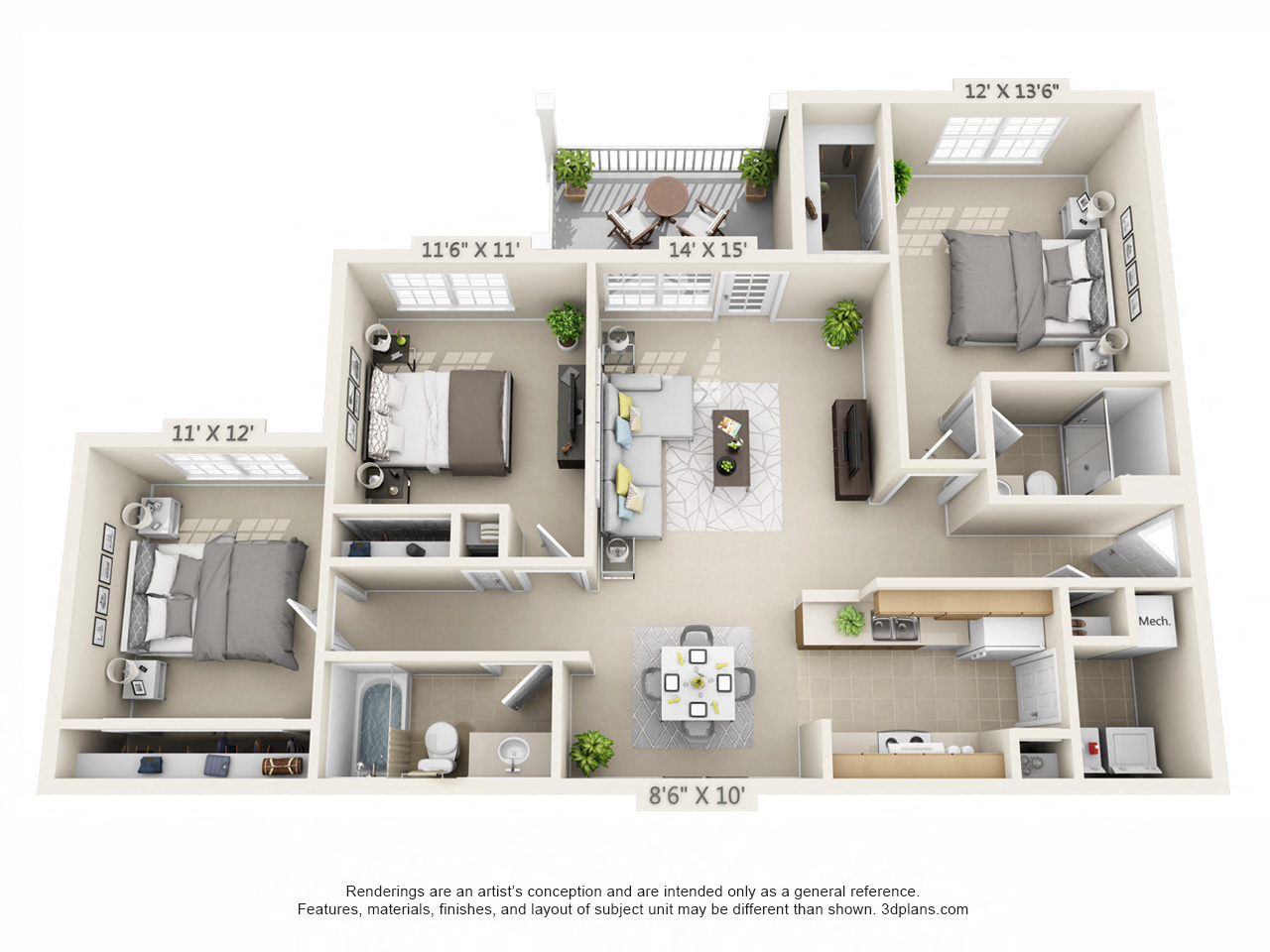 Floor plan for 3 beds, 2 baths, 1226 sqft
